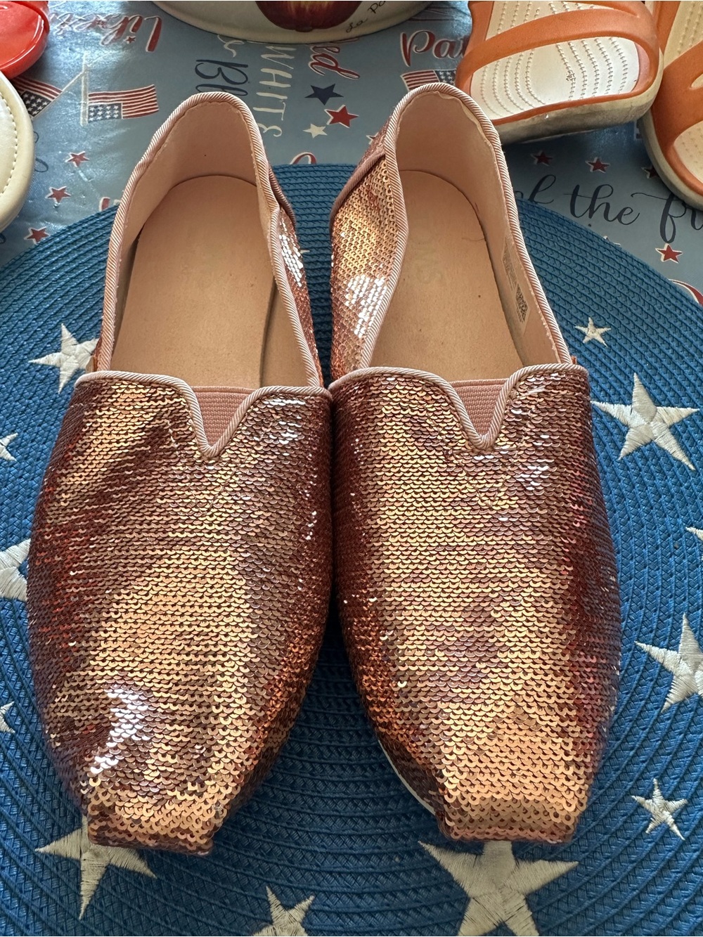 Toms Rose Gold Sequin Slip-On Flats